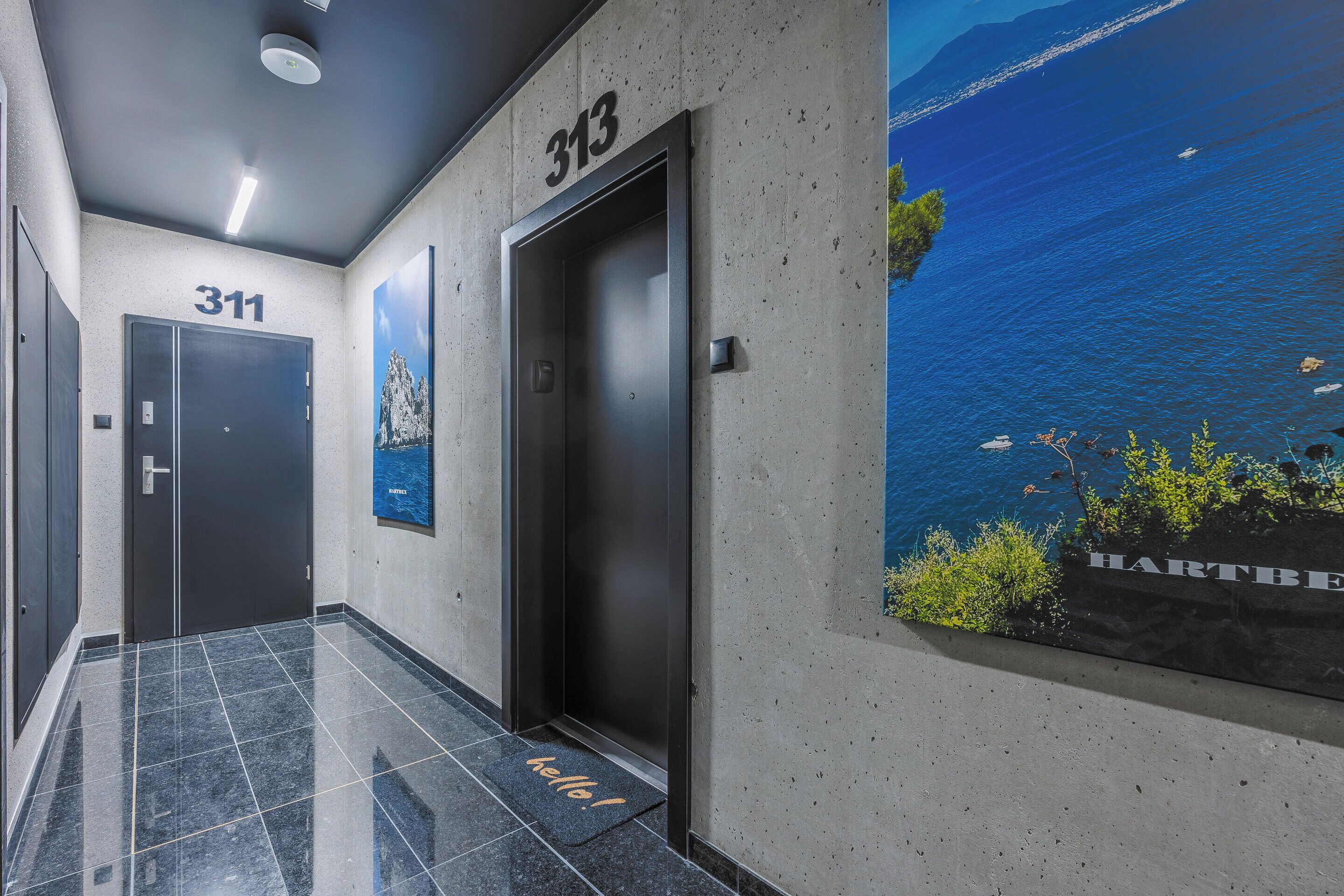 A hallway with two doors labeled 311, a lift, and a large poster of a coastal scene.