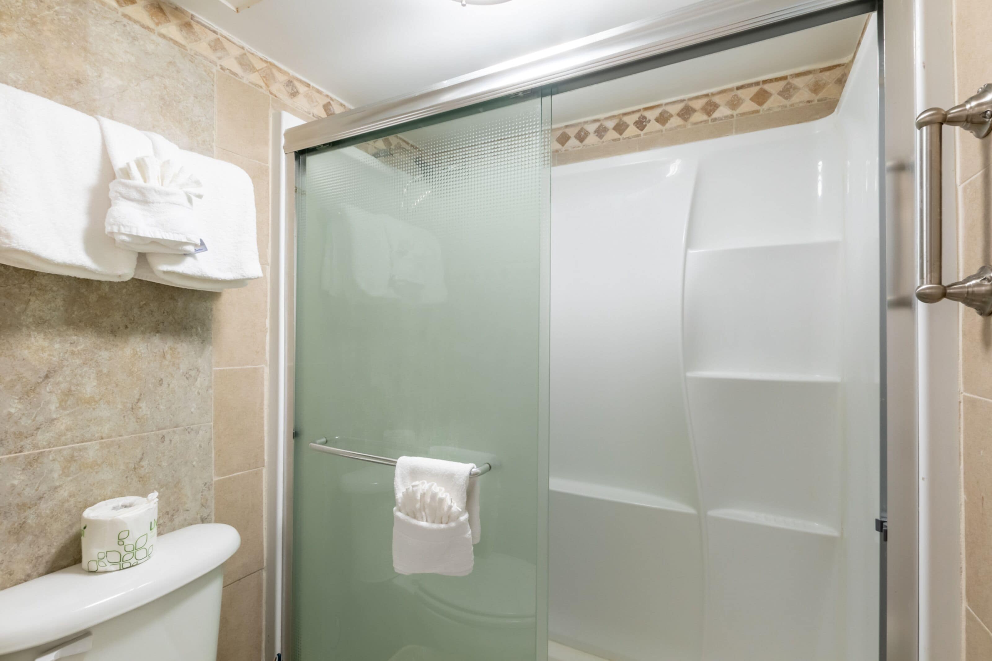 Une salle de bain avec une douche à parois de verre, des toilettes et un porte-serviettes avec des serviettes.