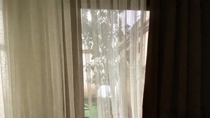 A view through sheer curtains, revealing a green outdoor area with a building in the background. - Yesil Hotel  (Bursa)