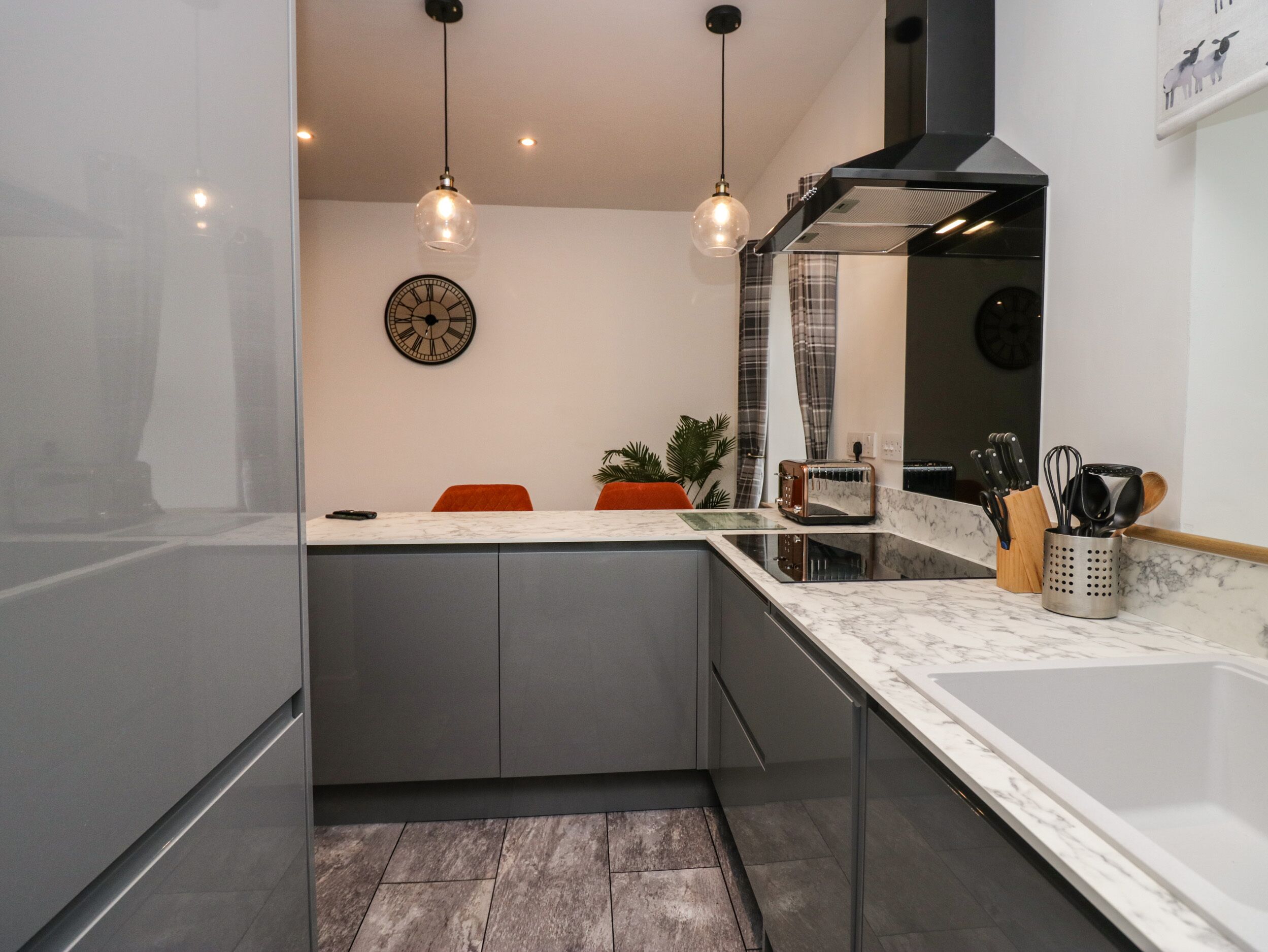 Fridge, dishwasher, electric kettle, toaster