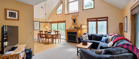 Fernseher, Kamin, Bücher, Arbeitsbereiche