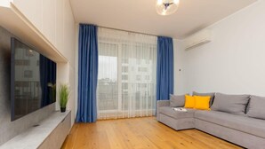 A modern living room with a grey sofa, blue curtains, a large window, and a flat-screen TV mounted on the wall.