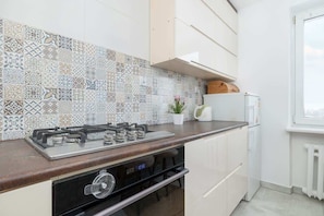 Fridge, oven, stovetop, electric kettle
