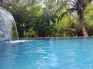 A swimming pool with a waterfall feature, surrounded by lush greenery and palm trees. - Wilpattu wild villa (Pahala Maragahawewa)