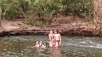 A group of people standing in a river surrounded by dense greenery.