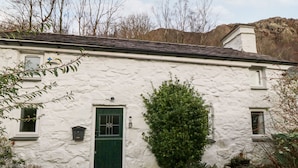 A white stone building with a green door, a small window, and a potted plant in the foreground.