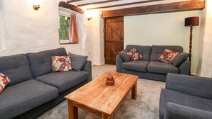 A cozy living room with two grey sofas, a wooden coffee table, and a rustic wooden door.