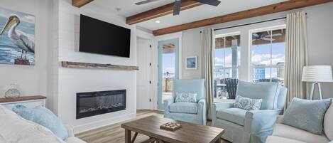 Smart TV, fireplace, DVD player, video library