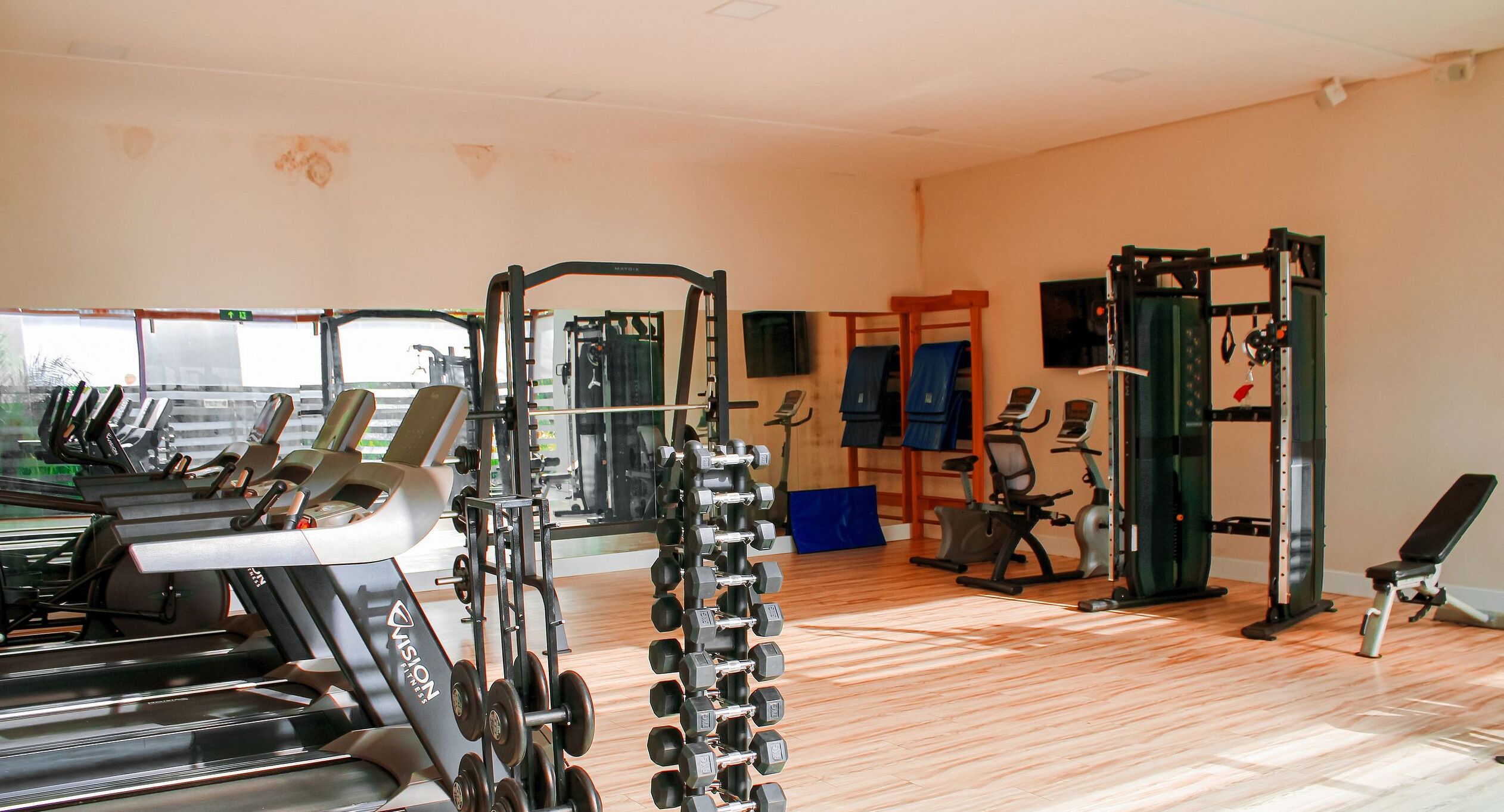 A gym with treadmills, weight machines, and free weights.