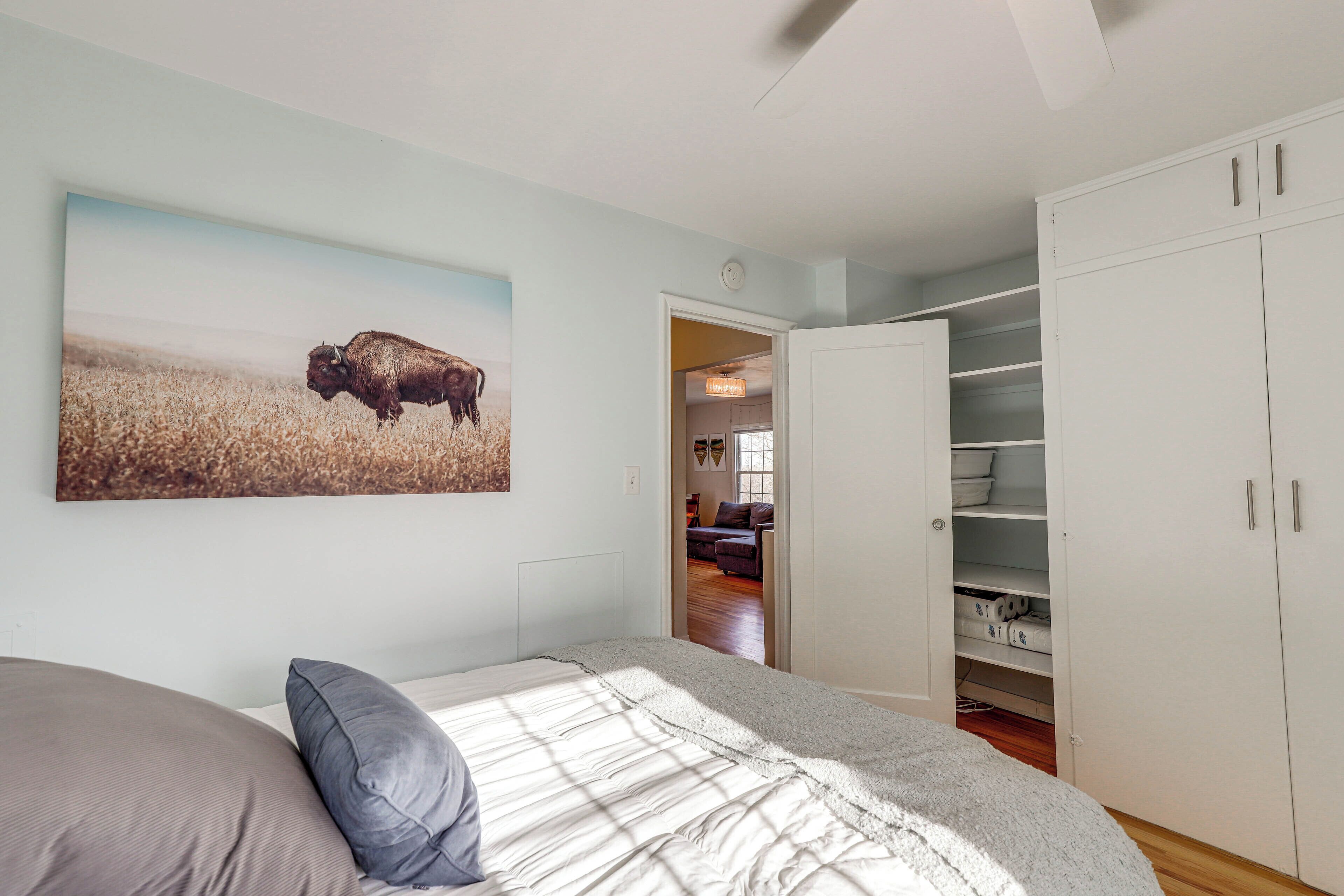Un dormitorio con cama, almohadas, un cuadro de un búfalo y un armario.