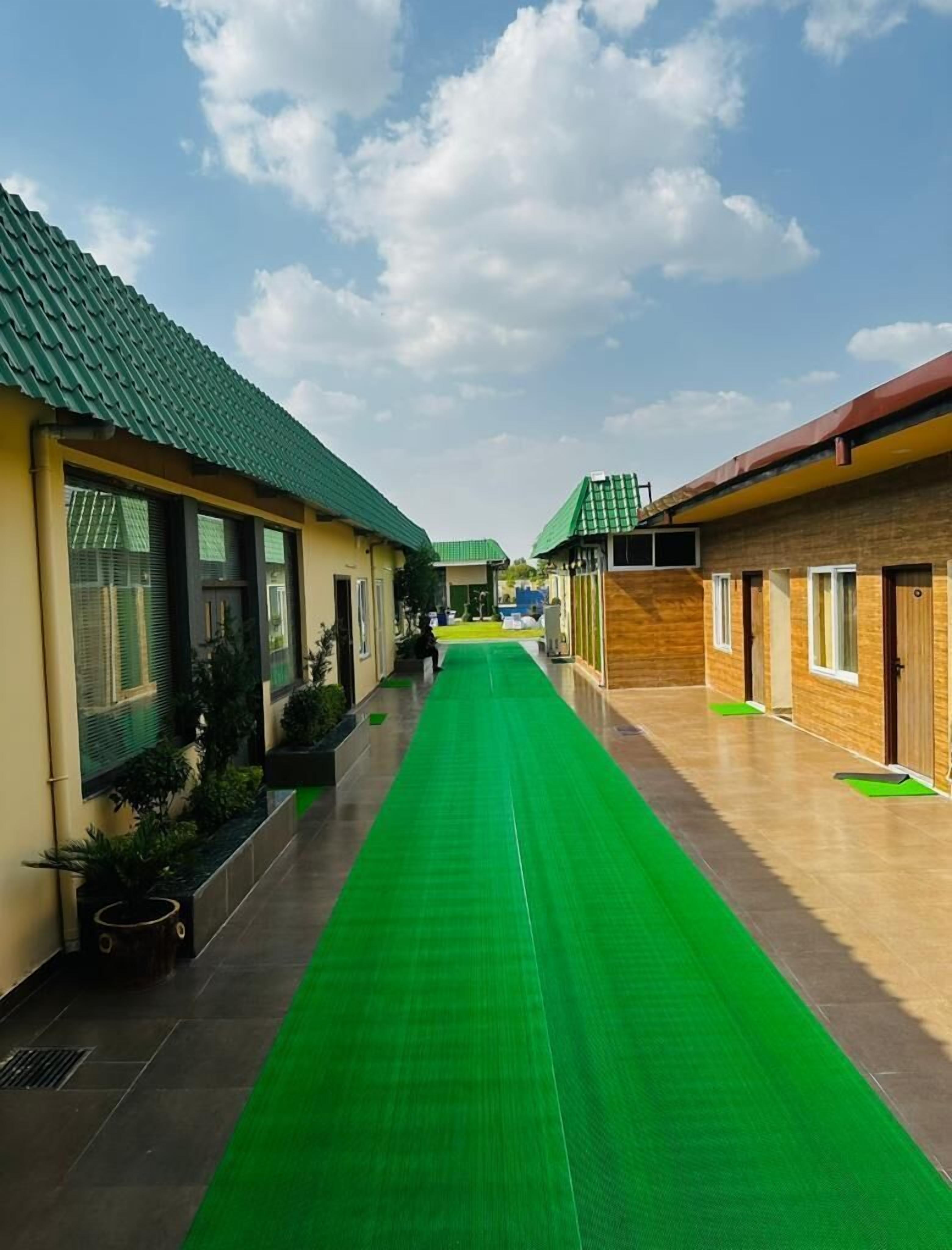 A corridor with green artificial grass, leading to multiple rooms with green roofs and beige walls.