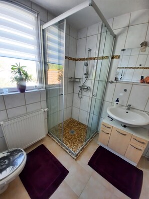 Dusche, Haartrockner, Handtücher, Toilettenpapier