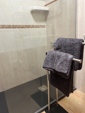 Dusche, Haartrockner, Handtücher, Seife