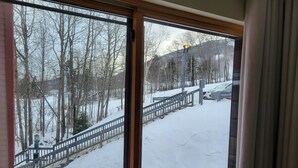 Blick durch ein Fenster mit Holzrahmen und Metallgeländer auf eine verschneite Landschaft mit Bäumen und einem geparkten Auto.
