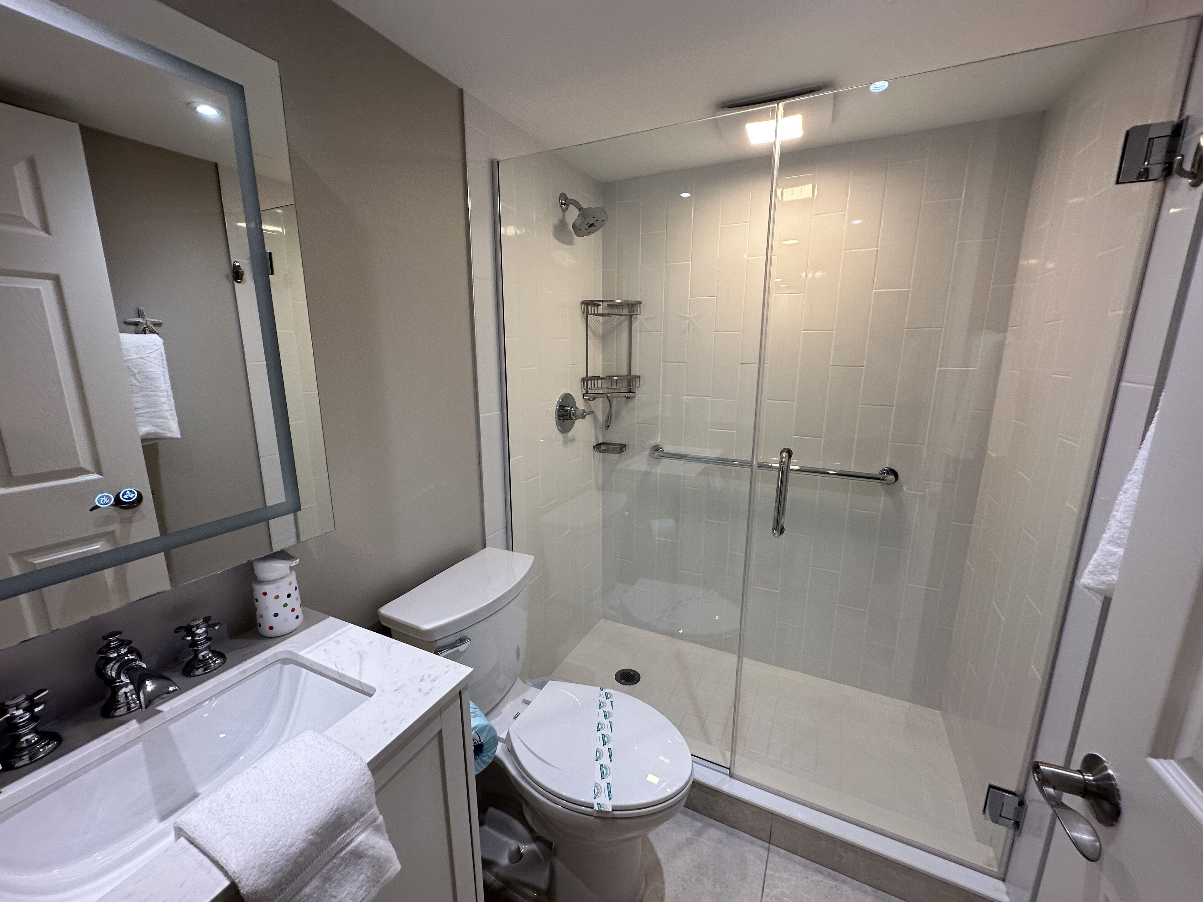A modern bathroom with a glass-enclosed shower, a white toilet, and a vanity with a mirror.