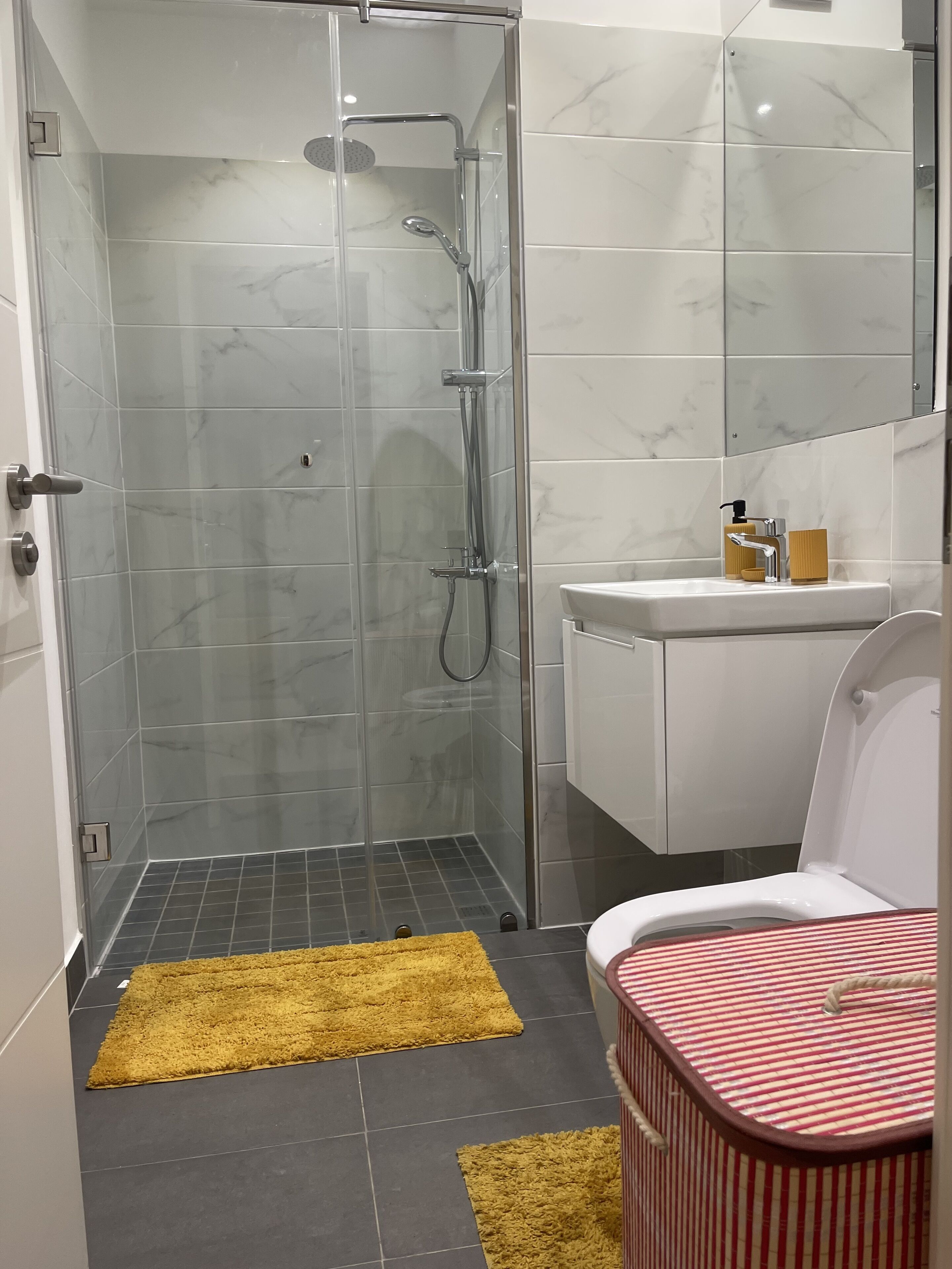 Ein Badezimmer mit einer Duschkabine, einem weißen Waschbecken und einer Toilette mit Streifenmuster.