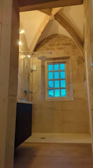 Shower, free toiletries, hair dryer, towels