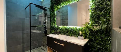 Shower, hair dryer, bidet, towels