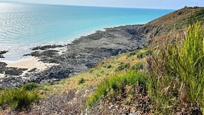 A coastal landscape with a rocky shoreline, grassy areas, and a clear view of the sea.