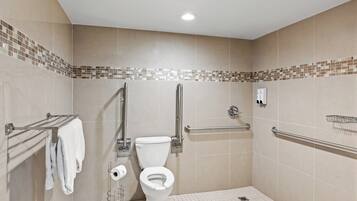 Een moderne badkamer met toilet, handgrepen, een handdoekhouder en een handdroger.