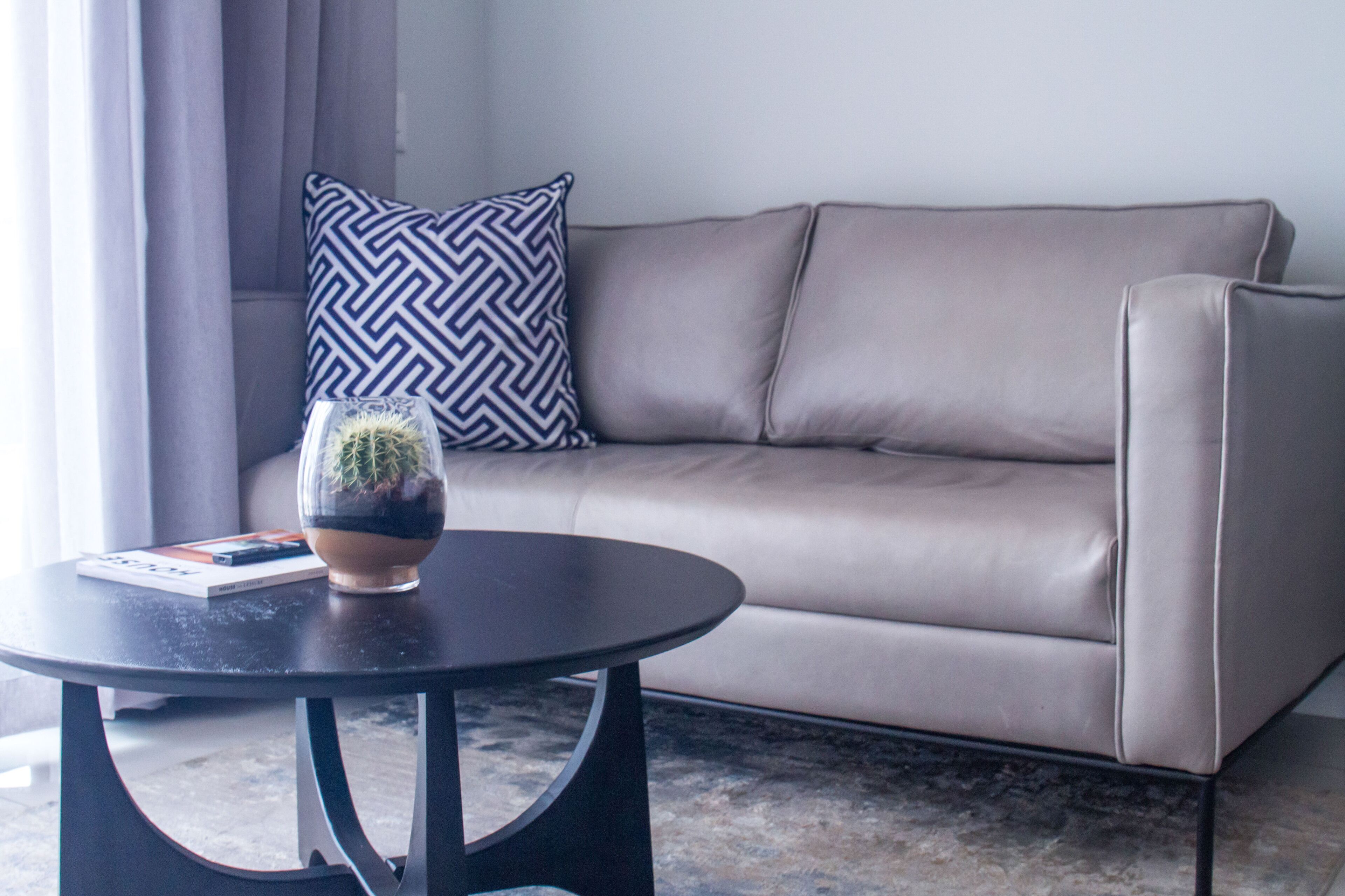 Una sala de estar moderna con un sofá de cuero color beige, una mesa de centro redonda negra, un cojín estampado y una planta en maceta.