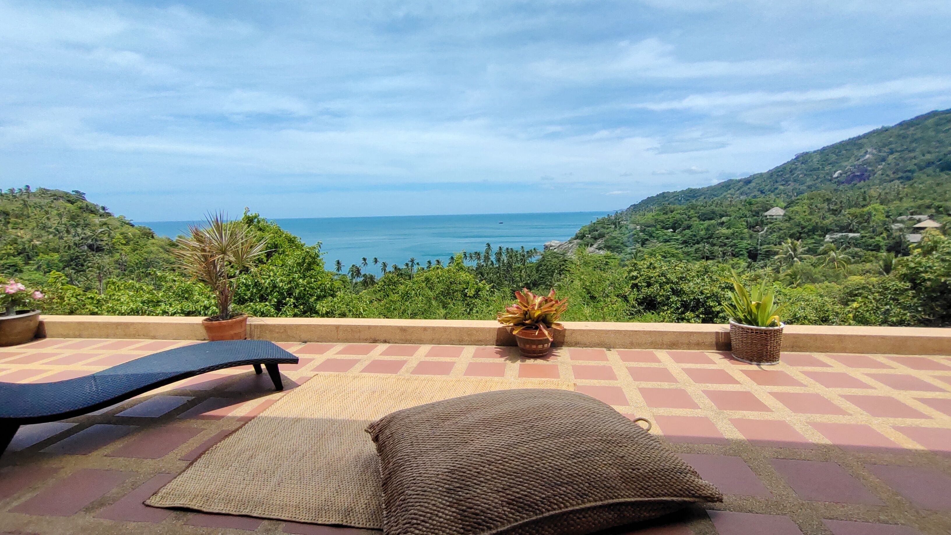 A terrace with a view of the sea, featuring a lounge chair, a woven rug, and potted plants.
