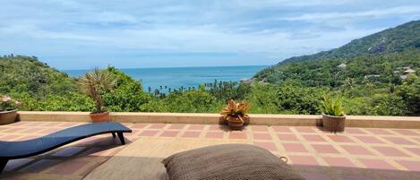 A terrace with a view of the sea, featuring a lounge chair, a woven rug, and potted plants.