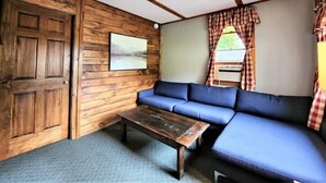 A room with a wooden wall, a blue sofa, a wooden table, and a window with checkered curtains. - 2 Bed /2 bath cabin w/ Lake George access (Lake George)