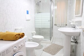 Shower, hair dryer, bidet, towels