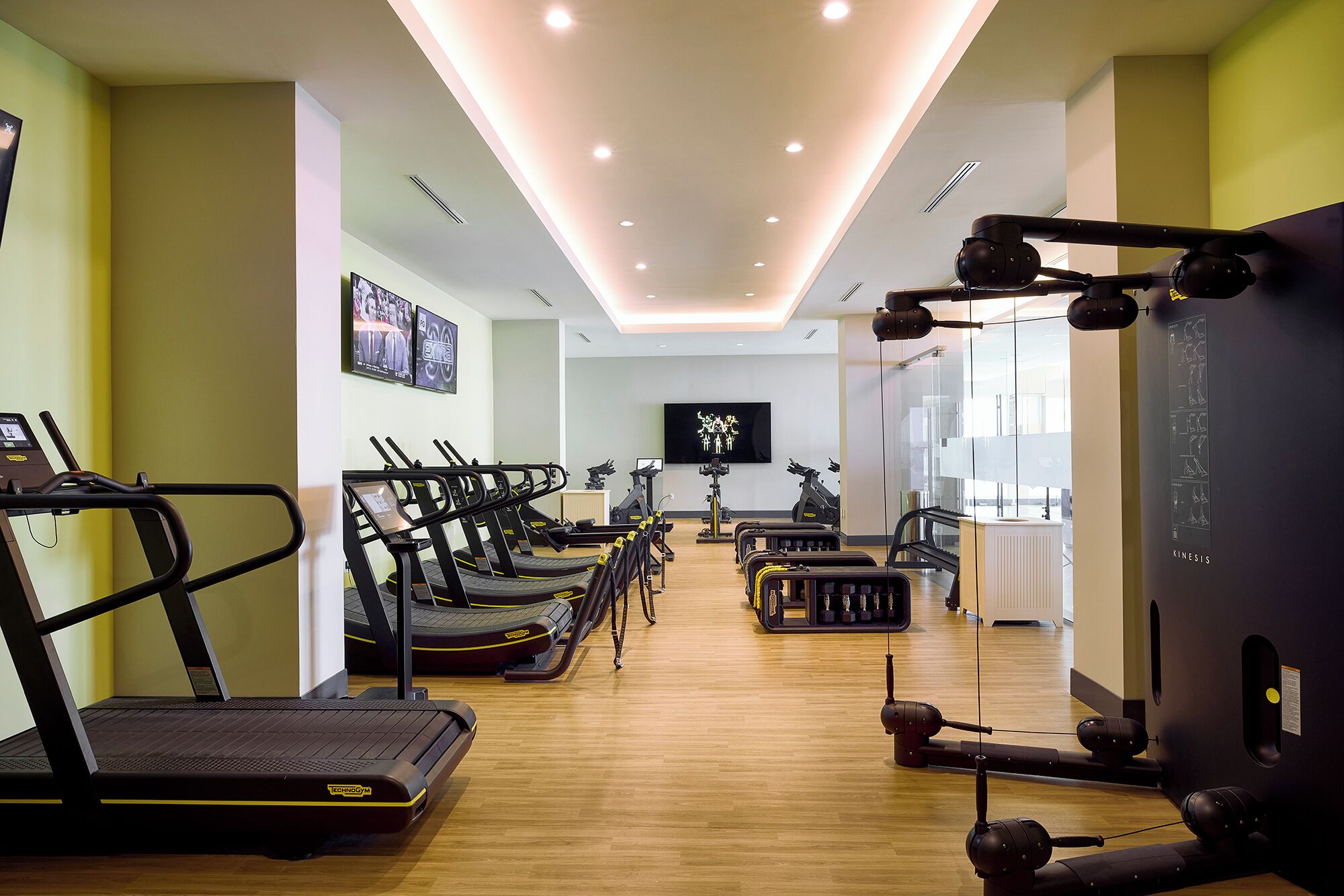 A gym with treadmills, elliptical machines, and weight equipment.
