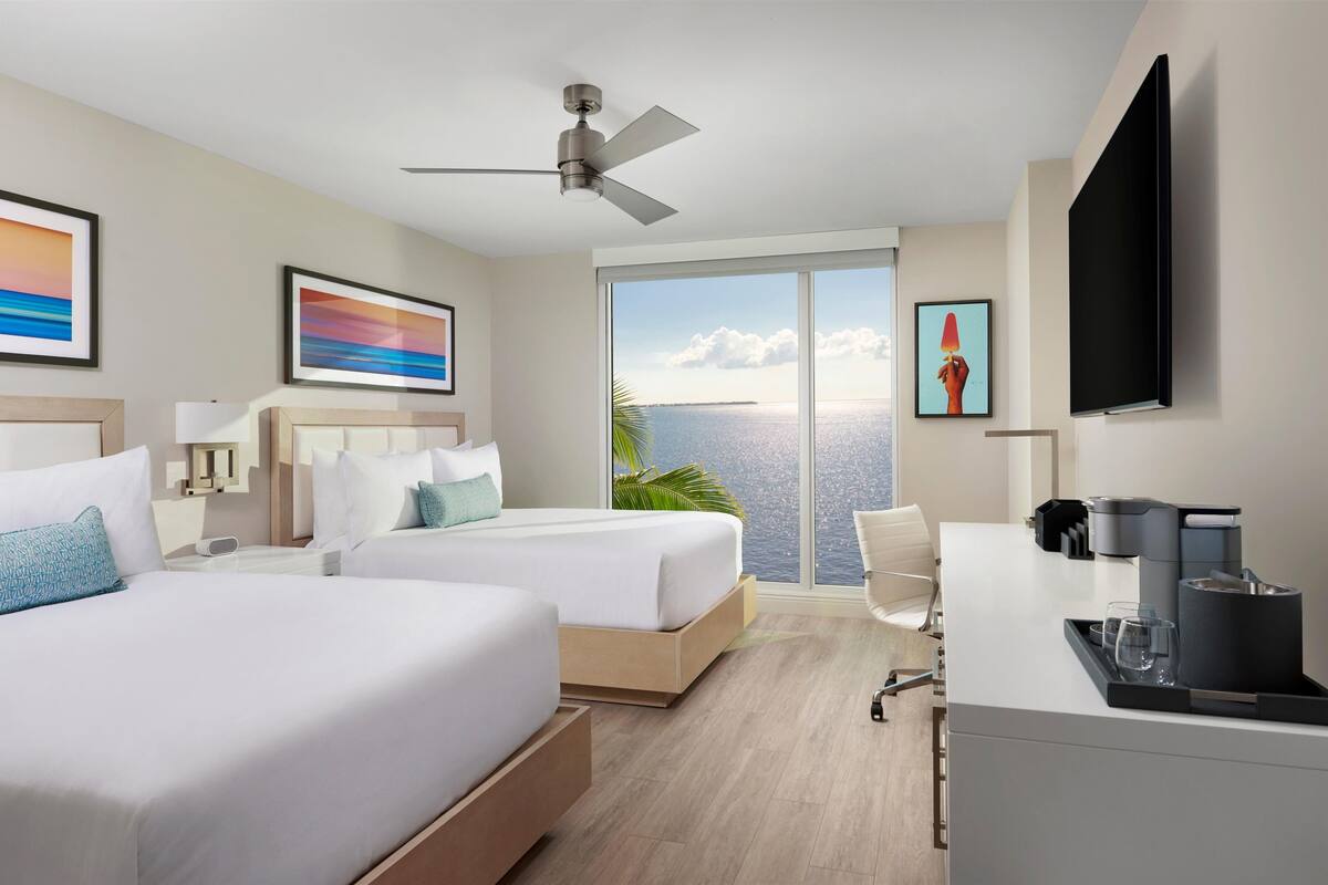Une chambre d’hôtel avec deux lits, un bureau, une machine à café et une grande fenêtre donnant sur l’océan.