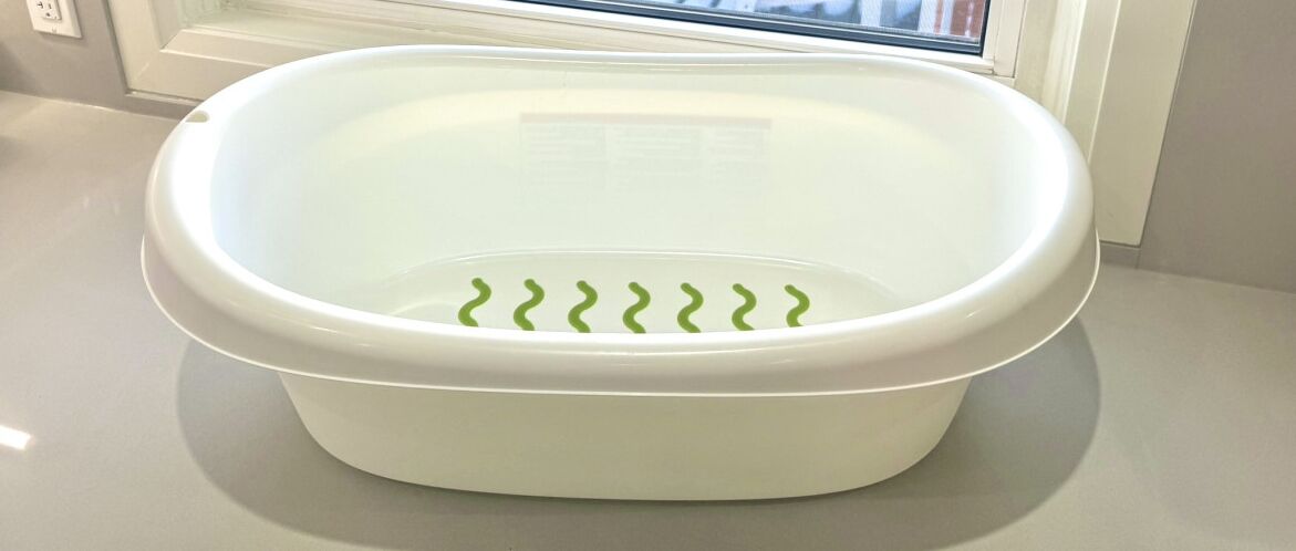 A white plastic basin with green ridges on a countertop.