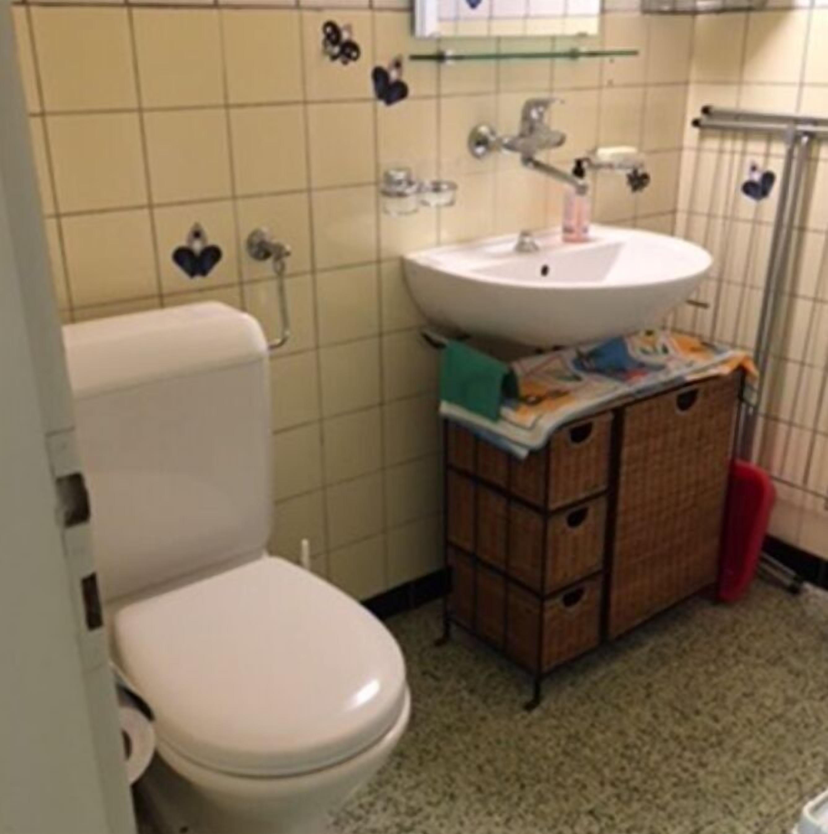 A bathroom with a toilet, a sink, and a mirror.