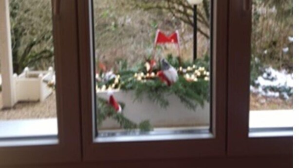 A view through a window with a Christmas decoration featuring a Santa hat and a red flag. - Le Petit Brit (Syens)