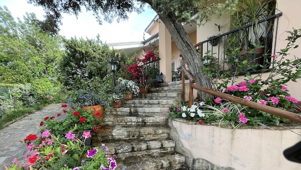 A stone staircase surrounded by vibrant flowers leading to a building entrance. - Villa of flowers, nestled in the green between the sea and the mountains. (Poggio dei Pini)