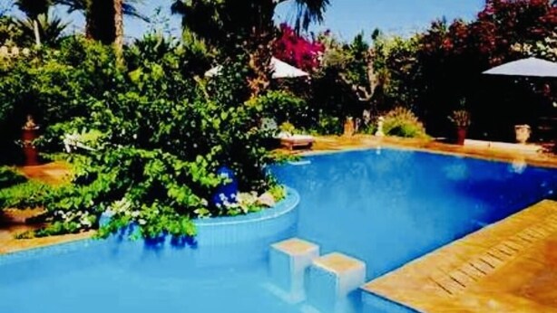 A swimming pool surrounded by lush greenery and a wooden deck. - Villa Avec Piscine Privée au Cœur de la Palmeraie (Marrakech)