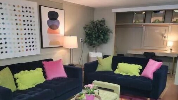 Un salon avec deux canapés bleu foncé, chacun agrémenté de coussins vert vif et roses, une table basse vert clair et un tapis aux motifs colorés.