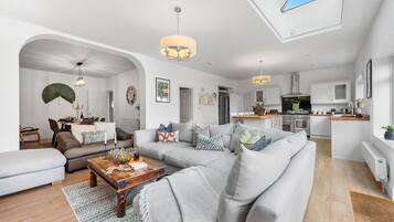 TV, fireplace, video games, foosball