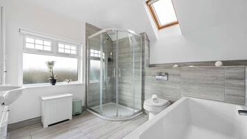 Shower, hair dryer, shampoo