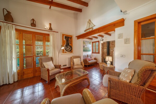 TV, fireplace, books