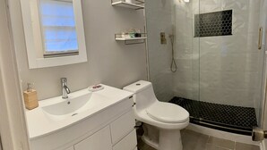 A modern bathroom with a glass-enclosed shower, a white sink with a mirror above it, and a toilet. - Pet Friendly Suburban Retreat: Modern Comforts for Families w/ firepit (Marietta)