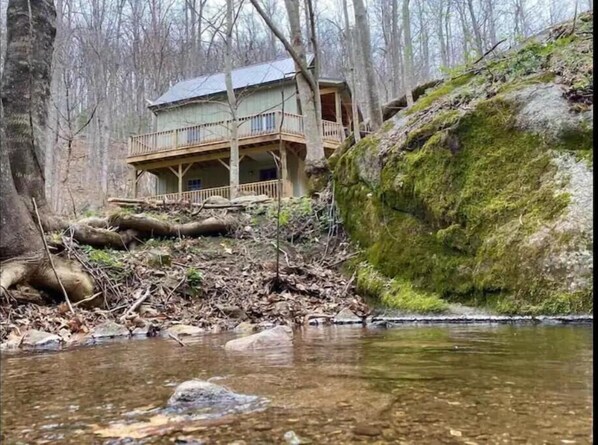 Escape to a serene forest retreat with a balcony overlooking the surrounding trees and a tranquil stream.