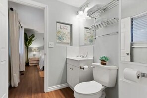 Hair dryer, towels, soap, shampoo