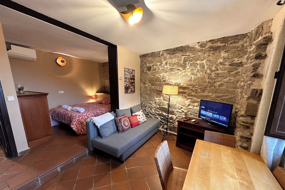 A cozy room with a stone wall, a television, a sofa, a small table, and a bed with patterned bedding.