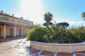 A courtyard with a tiled floor, a palm tree, and a building with green shutters. - LA PIAZZETTA - TUSCANYINSTYLE (Pietrasanta)