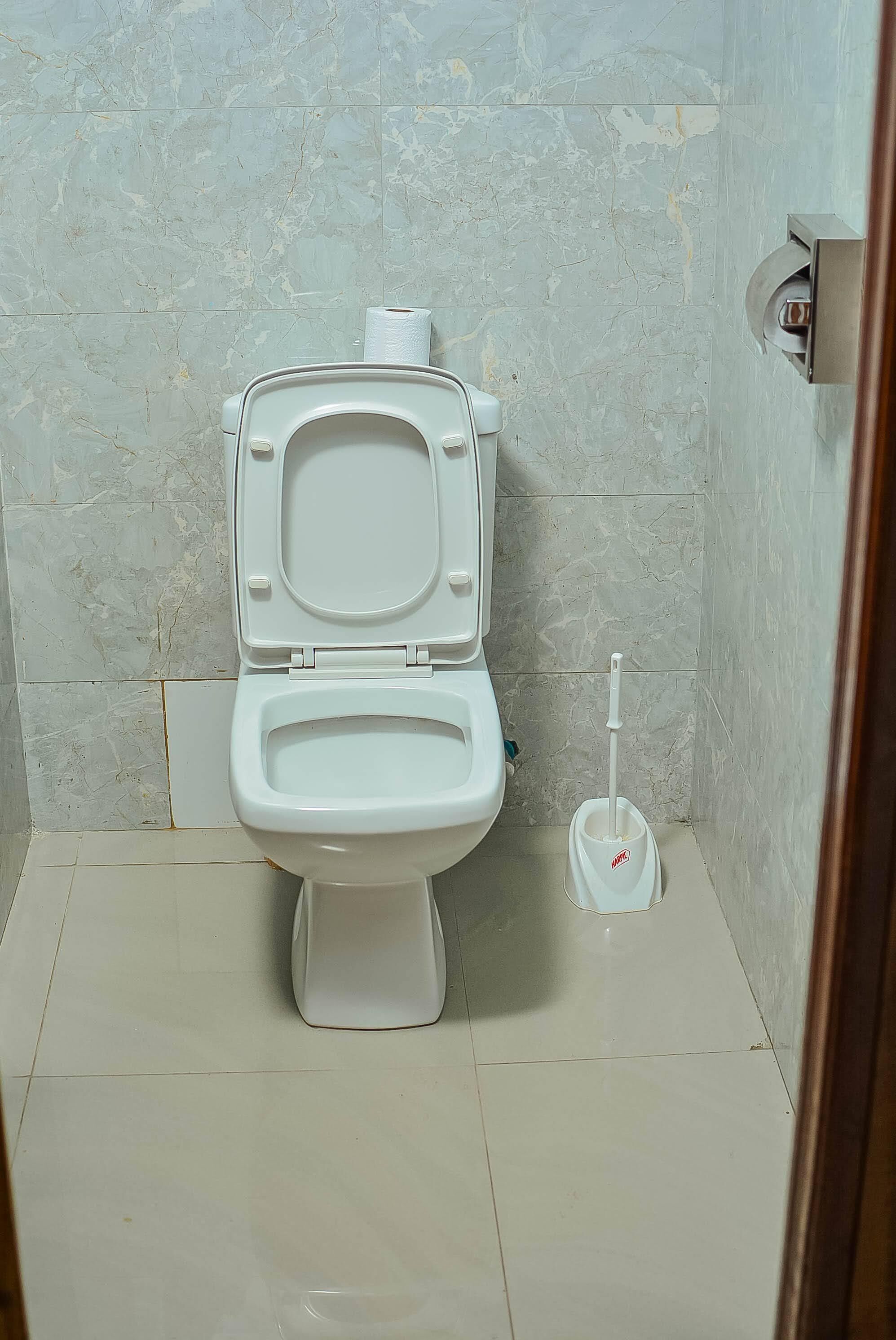 Casa de banho com sanita, suporte para rolo de papel higiénico e desentupidor.