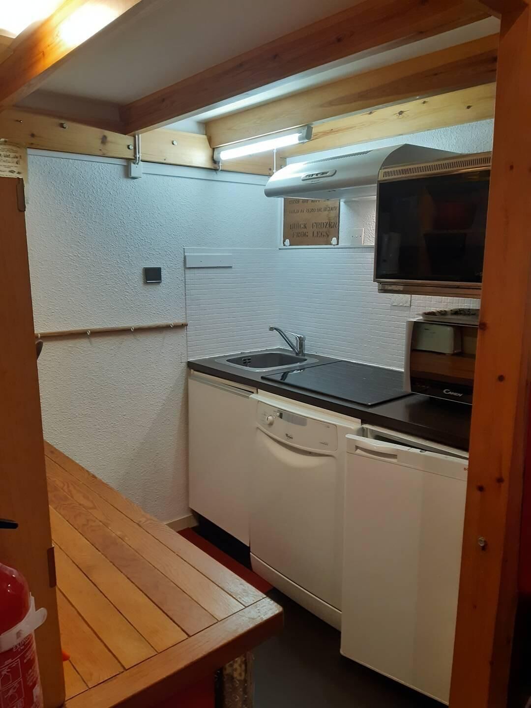 Eine kleine Küche mit Spüle, Geschirrspüler und Mikrowelle.