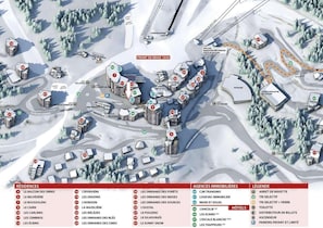 A detailed map of a ski resort with marked locations for residences, agencies, and hotels.