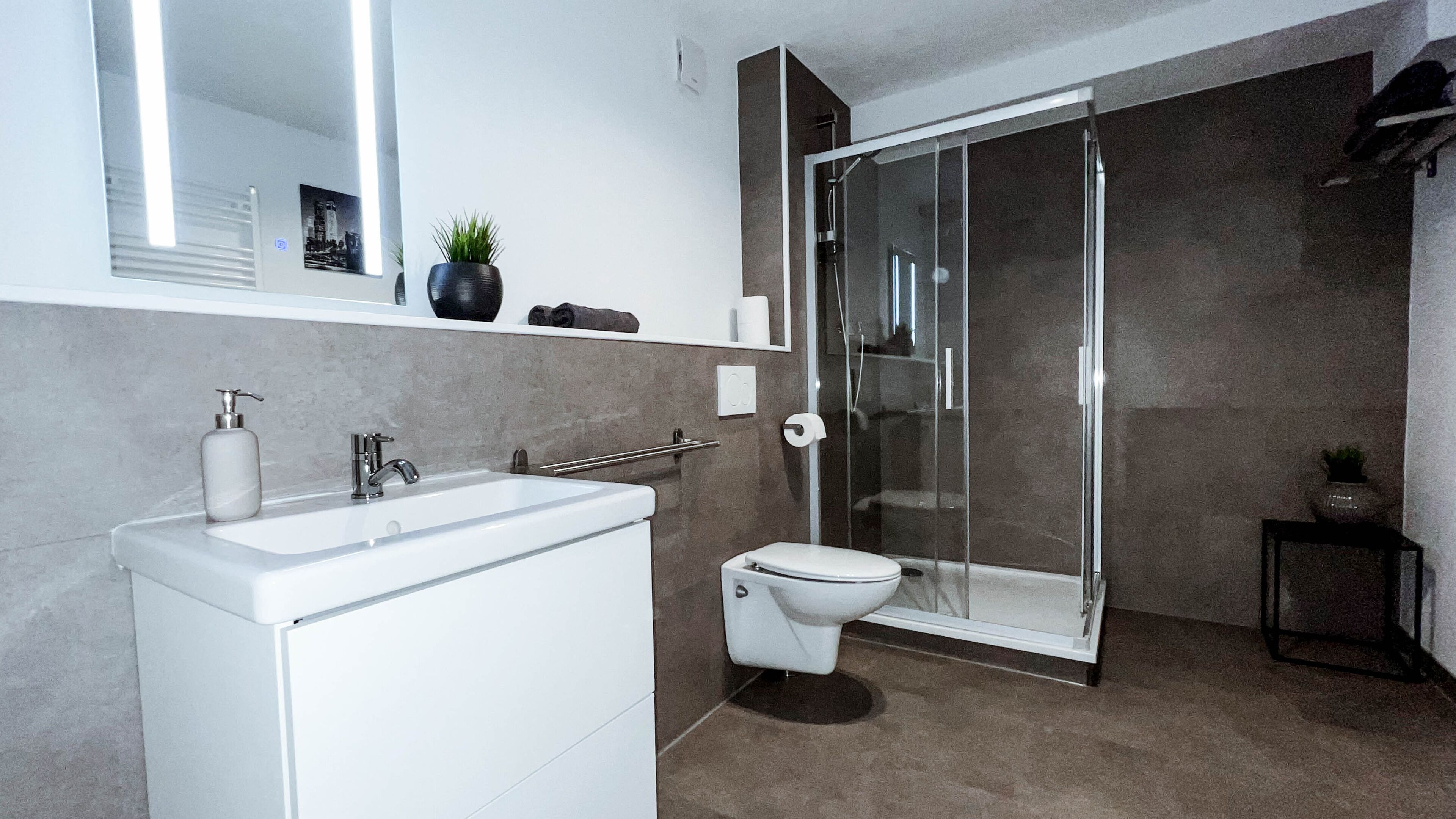 Dusche, Haartrockner, Handtücher, Seife
