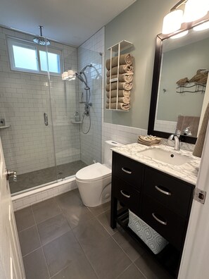Shower, eco-friendly toiletries, hair dryer, towels